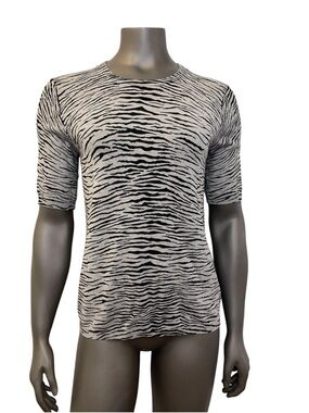 Premise Sweater Top M Gray Black Zebra Print‎ Short Sleeve Animal Office Crew